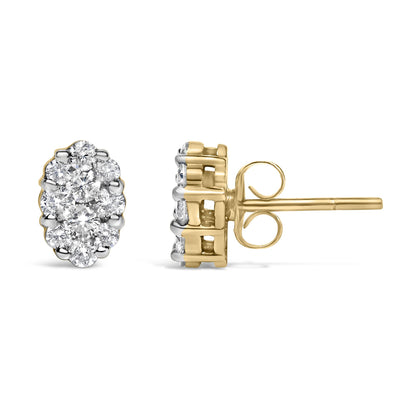 Pair of yellow metal stud earrings with clustered round white gemstones in prong settings, shown from front and side angles.