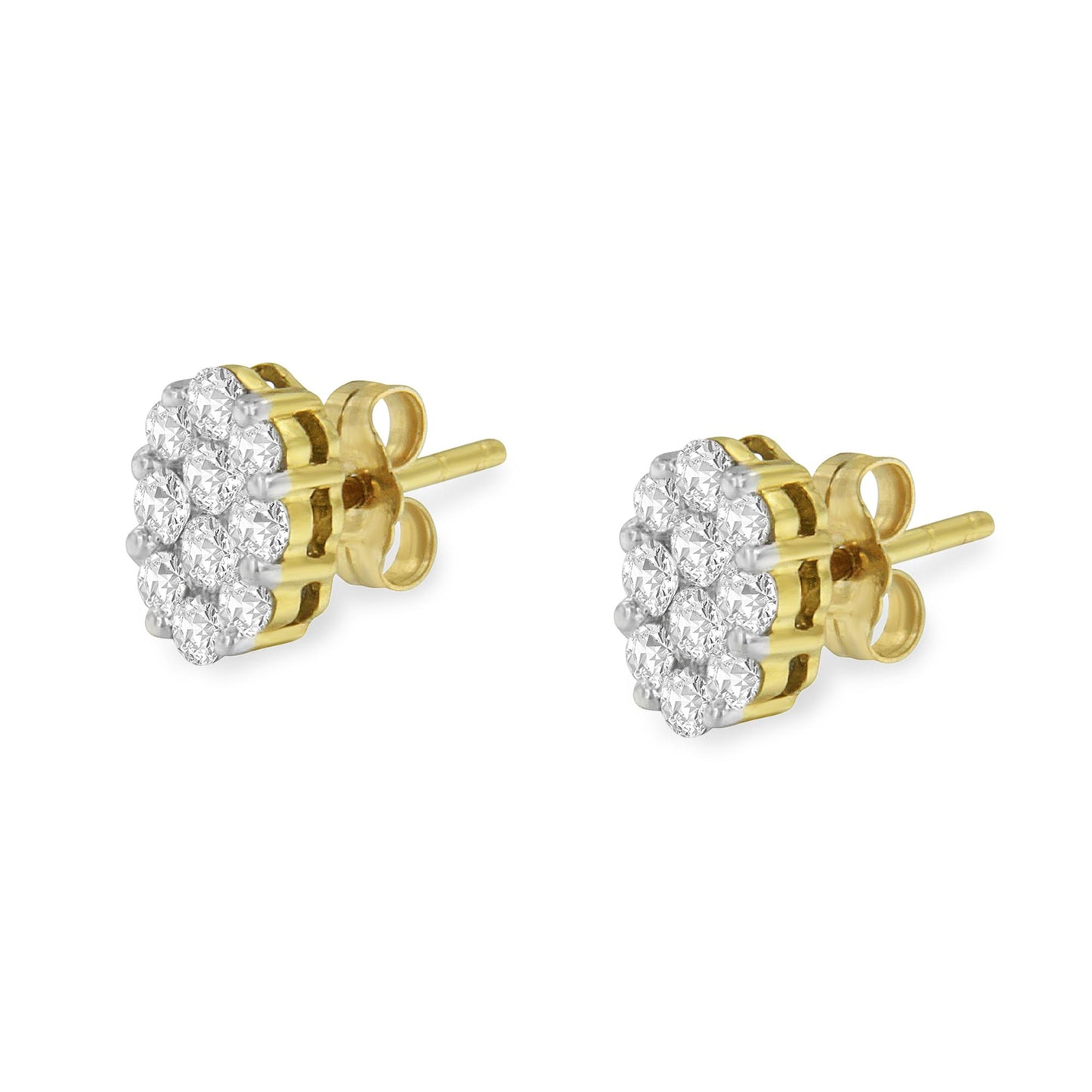 Pair of yellow metal stud earrings with clusters of round white gemstones in prong settings, shown from an angled side view.