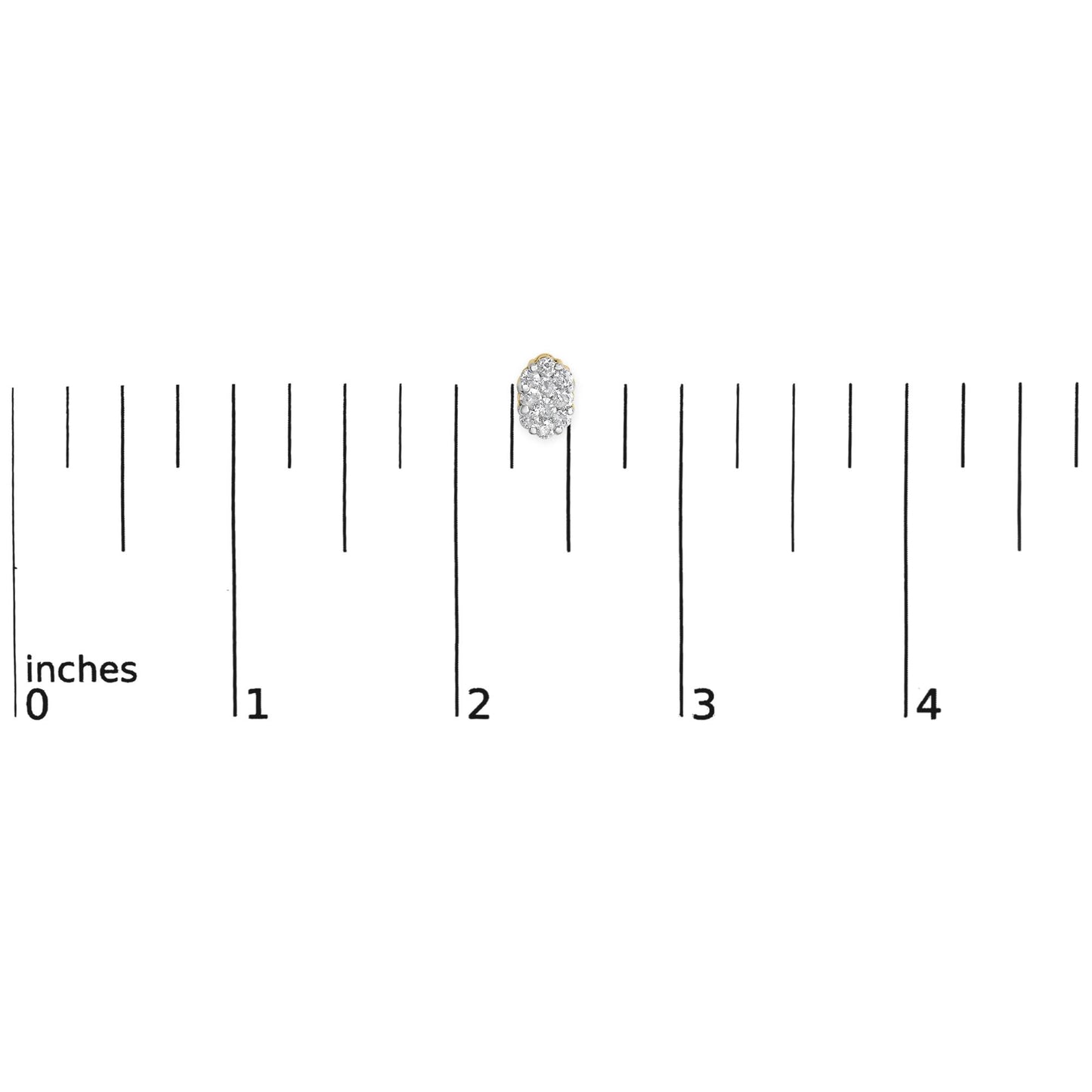 Close-up shot of a yellow metal earring with multiple round white gemstones in prong settings, placed on a ruler for size reference.