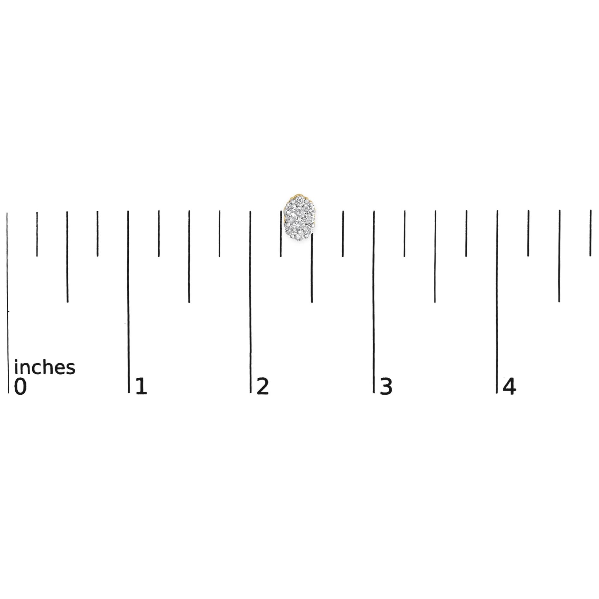 Close-up shot of a yellow metal earring with multiple round white gemstones in prong settings, placed on a ruler for size reference.