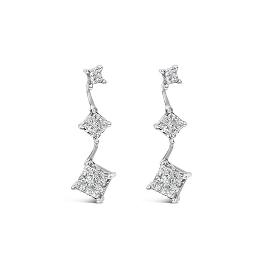Front view of a pair of white metal earrings with three connected square sections, each featuring clustered white gemstones in an invisible setting.