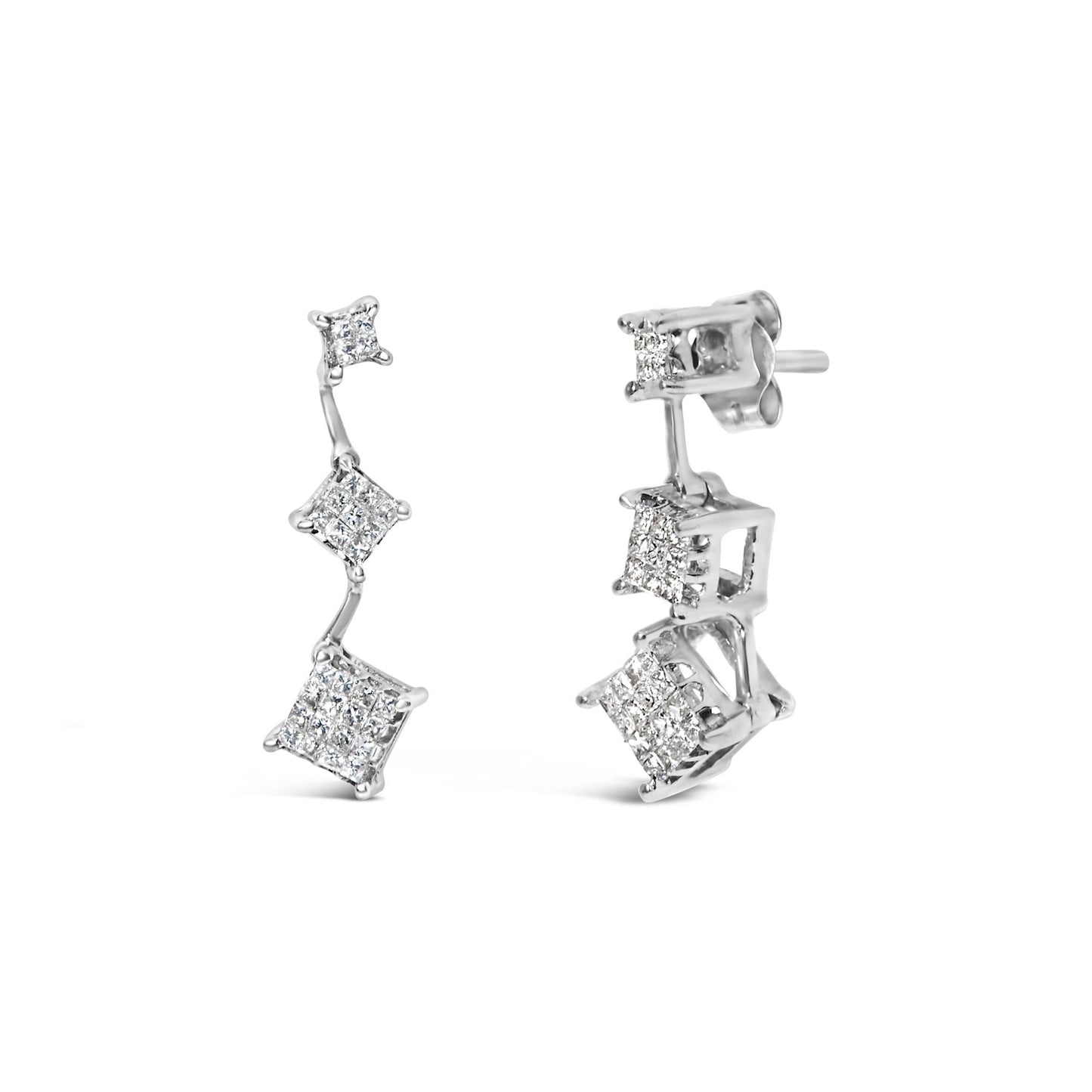 Pair of white metal earrings with three connected princess-shaped clusters of white gemstones in invisible settings, shown from front and angled side views.