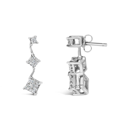 Pair of white metal earrings with three connected squares featuring white gemstones in an invisible setting, shown from front and side angles on a white background.