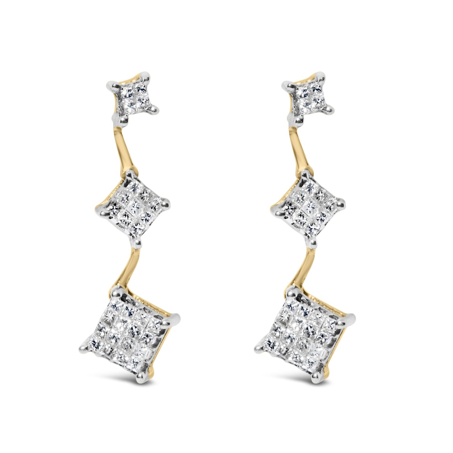 Pair of yellow metal earrings with three connected princess-shaped clusters of white gemstones in invisible settings, shown from a front angle.