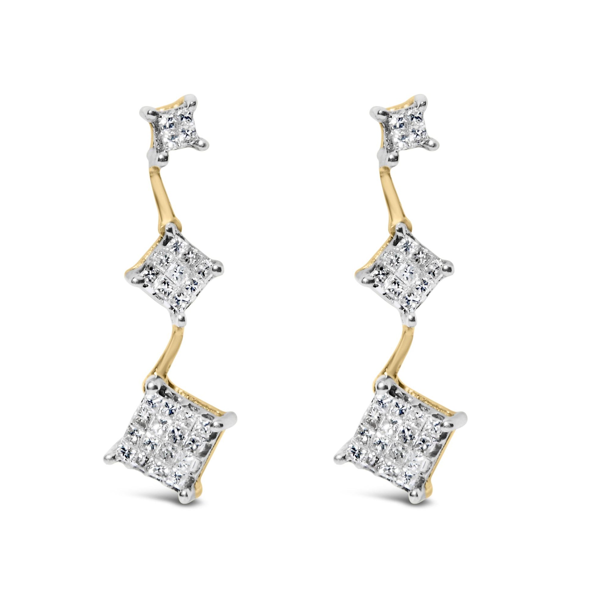 Pair of yellow metal earrings with three connected princess-shaped clusters of white gemstones in invisible settings, shown from a front angle.