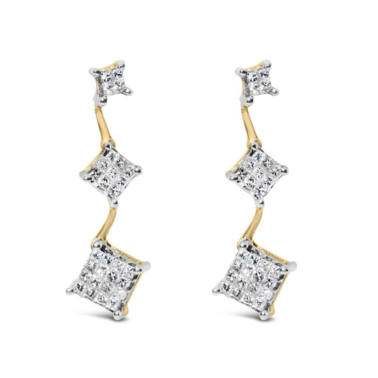 Pair of yellow metal earrings with three connected princess-shaped clusters of white gemstones in invisible settings, shown from a front angle.