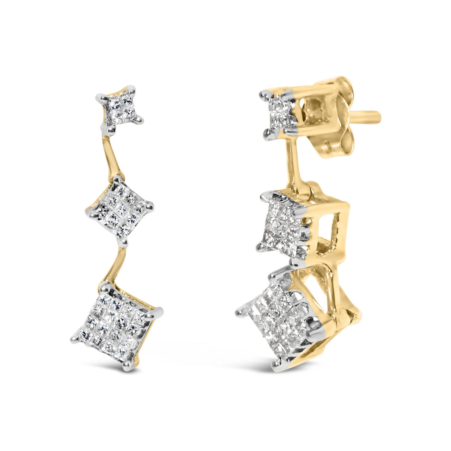 Pair of yellow metal earrings with three princess-shaped clusters of white gemstones set in an invisible setting, shown at an angled front and side view.