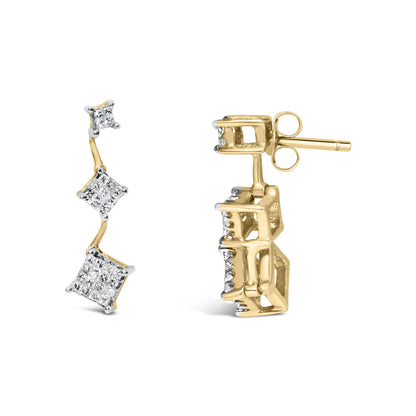 Yellow metal earrings with three connected princess shaped clusters of white gemstones in an invisible setting, shown from front and side angles.