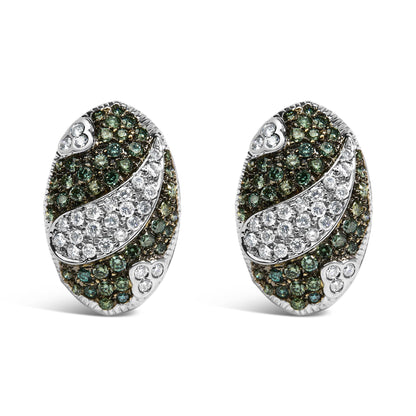 Pair of oval-shaped white metal earrings shown from the front on a white background, featuring pave-set round blue gemstones covering most of the surface and a curved section of pave-set round white gemstones across the center, with additional small clusters of white gemstones near the top and bottom edges.