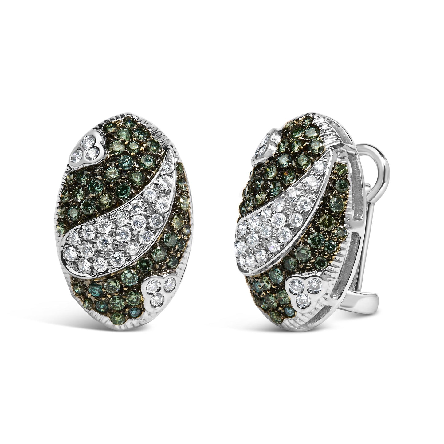 Pair of oval-shaped white metal earrings with blue and white round gemstones in pave setting, shown in a front and side angle view on a white background.