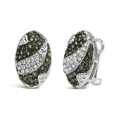 Pair of oval-shaped white metal earrings with blue and white round gemstones in pave setting, shown in a front and side angle view on a white background.