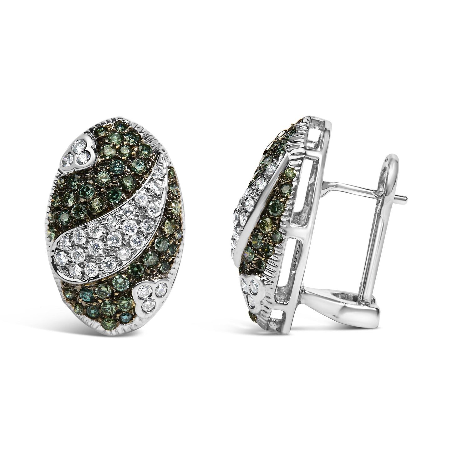 Pair of oval-shaped white metal earrings with pave-set blue and white round gemstones, shown from front and side angles on a white background.