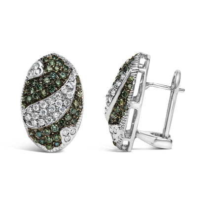 Pair of oval-shaped white metal earrings with pave-set blue and white round gemstones, shown from front and side angles on a white background.