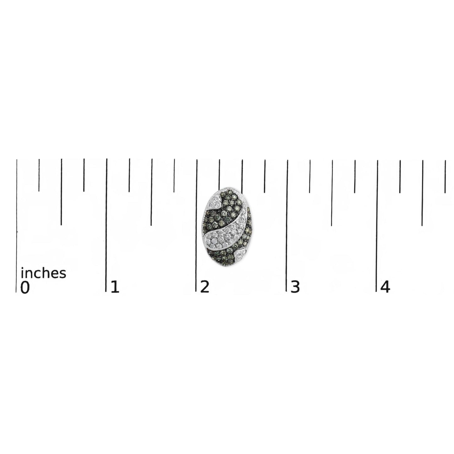 White metal oval earring with a curved swirl design of white and blue round gemstones, shown on a scale from a top-down angle.