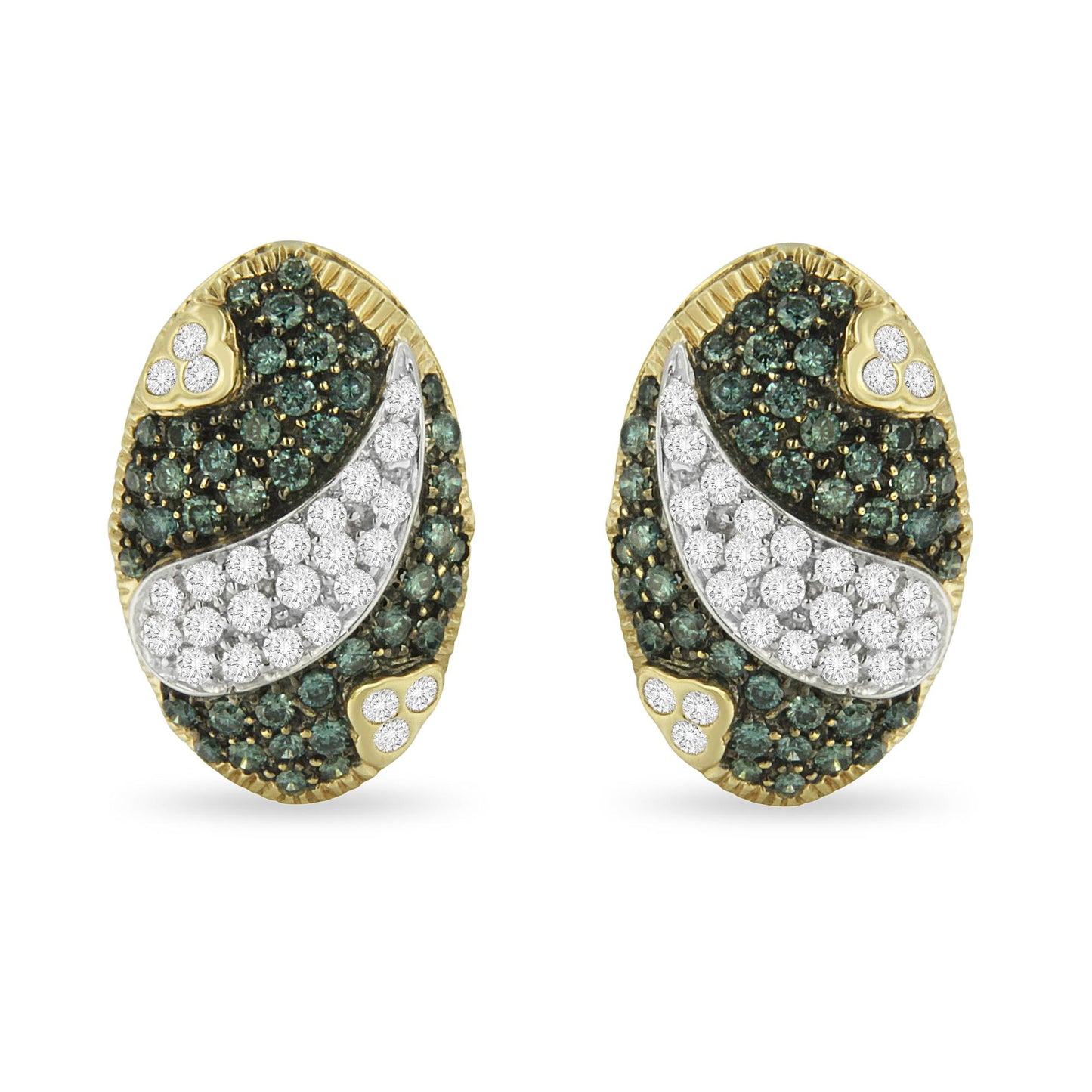 Pair of yellow metal oval earrings with pave-set white and blue round gemstones, shown from the front at a straight angle.