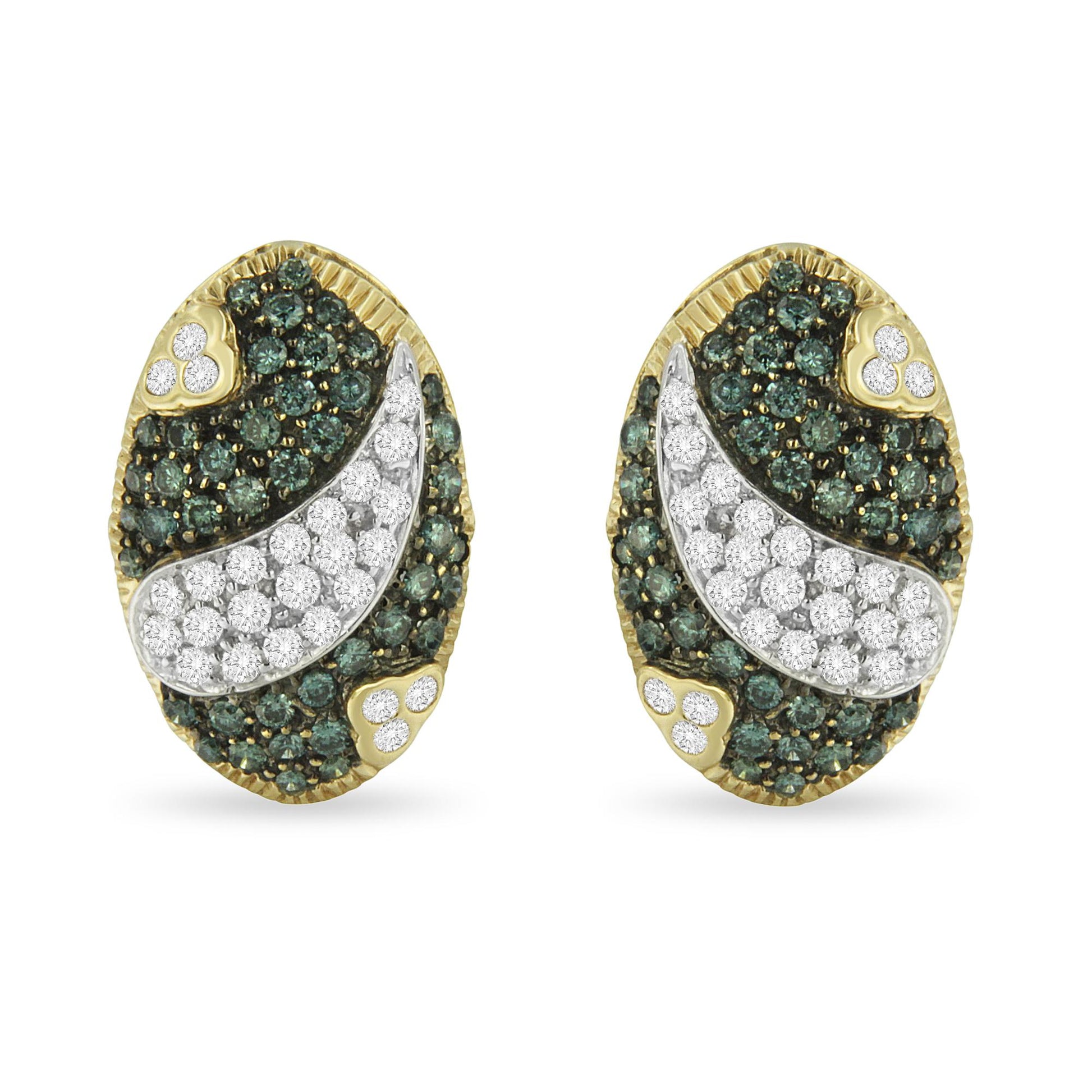 Pair of yellow metal oval earrings with pave-set white and blue round gemstones, shown from the front at a straight angle.