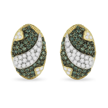 Pair of yellow metal oval earrings with pave-set white and blue round gemstones, shown from the front at a straight angle.