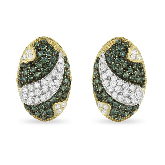 Pair of yellow metal oval earrings with pave-set white and blue round gemstones, shown from the front at a straight angle.