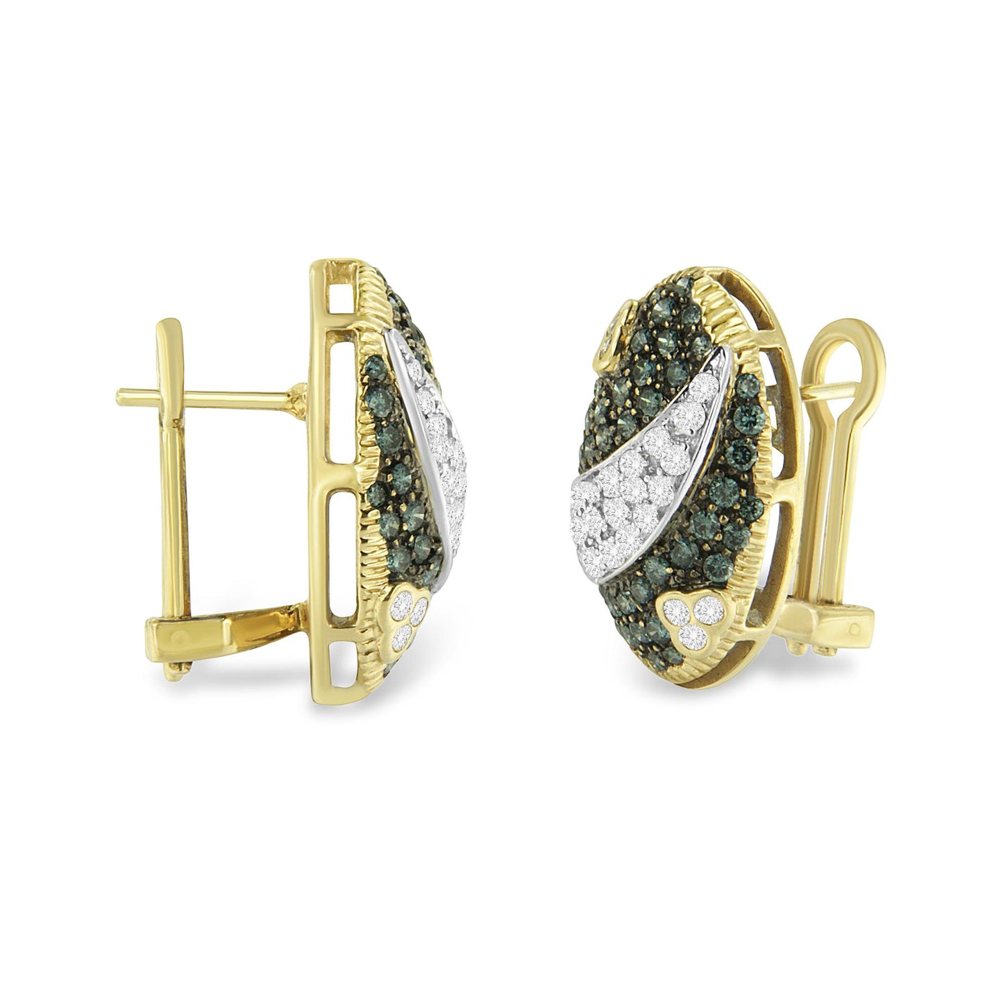 Pair of yellow metal earrings with white and blue gemstones in pave settings, shown from side and angled front views.