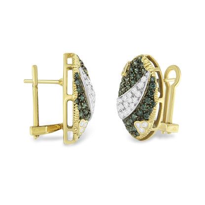 Pair of yellow metal earrings with white and blue gemstones in pave settings, shown from side and angled front views.