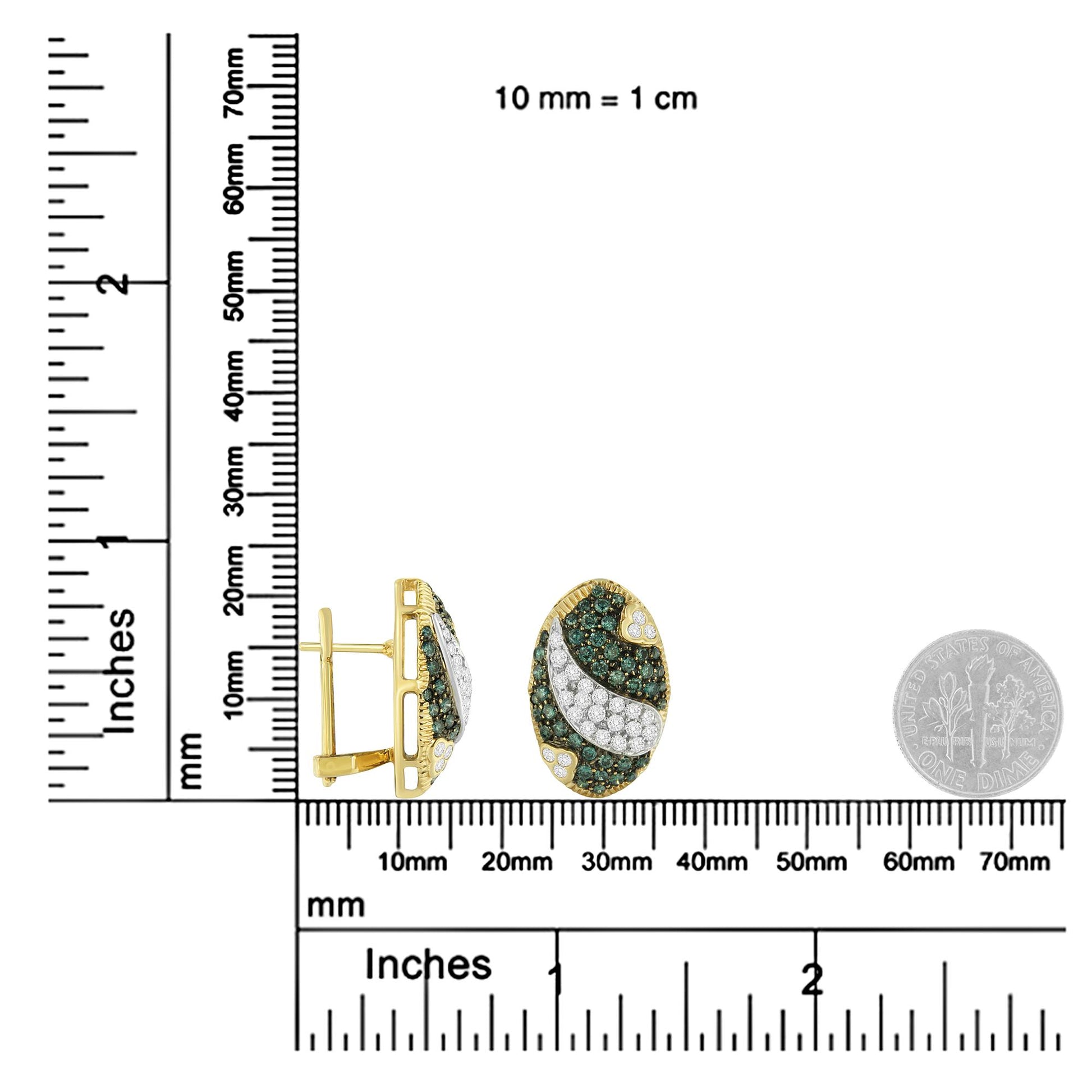Yellow metal oval earrings with pave-set white and blue gemstones, shown from front and side angles, placed on a ruler and next to a dime for size reference.