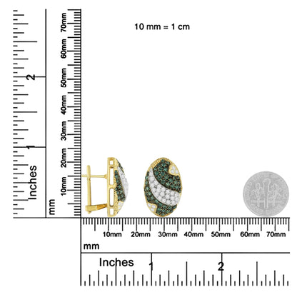 Yellow metal oval earrings with pave-set white and blue gemstones, shown from front and side angles, placed on a ruler and next to a dime for size reference.