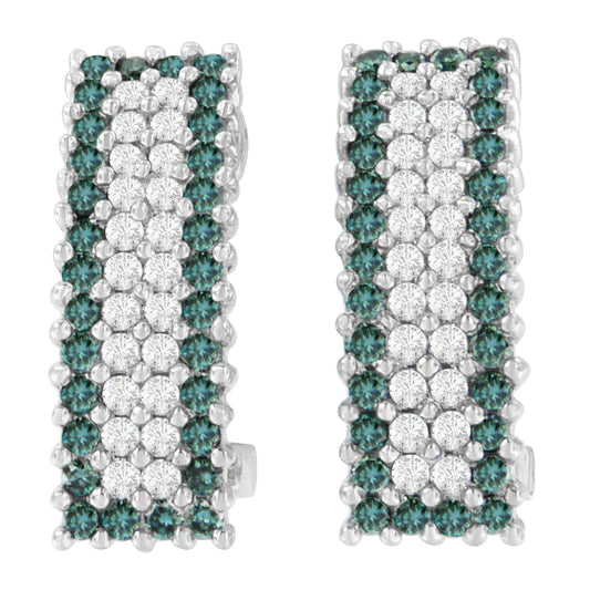 Close-up front view of white metal rectangular earrings featuring rows of round white gemstones in the center, bordered by rows of round blue gemstones, all in prong settings.