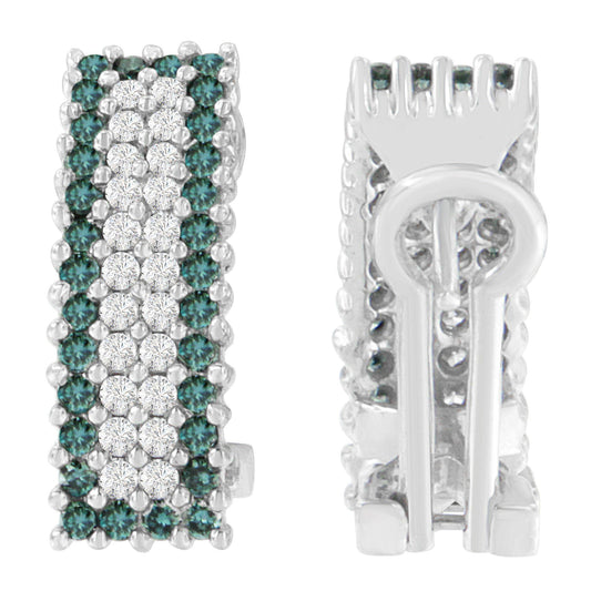 Front and back views of white metal earrings with rows of round white and blue gemstones in prong settings, shown from a straight-on angle.