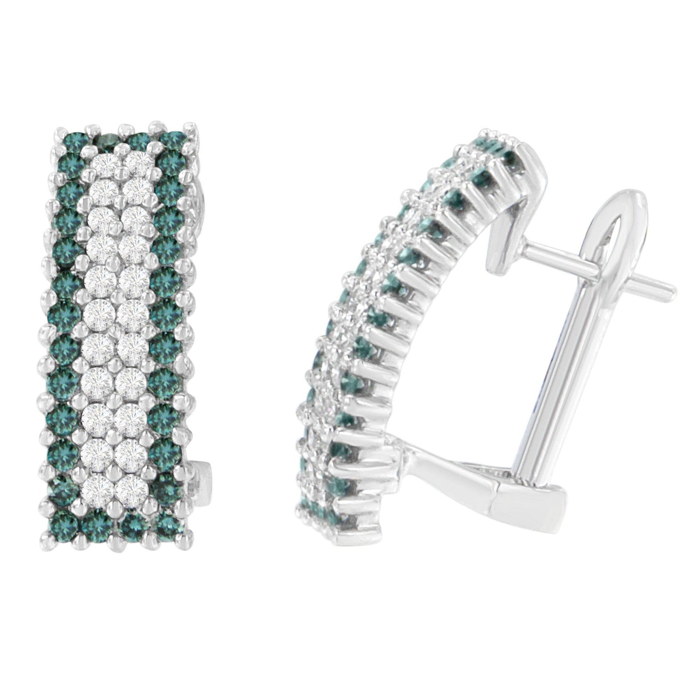 Pair of white metal earrings shown from front and side angles, featuring rows of round white and blue gemstones in prong settings.