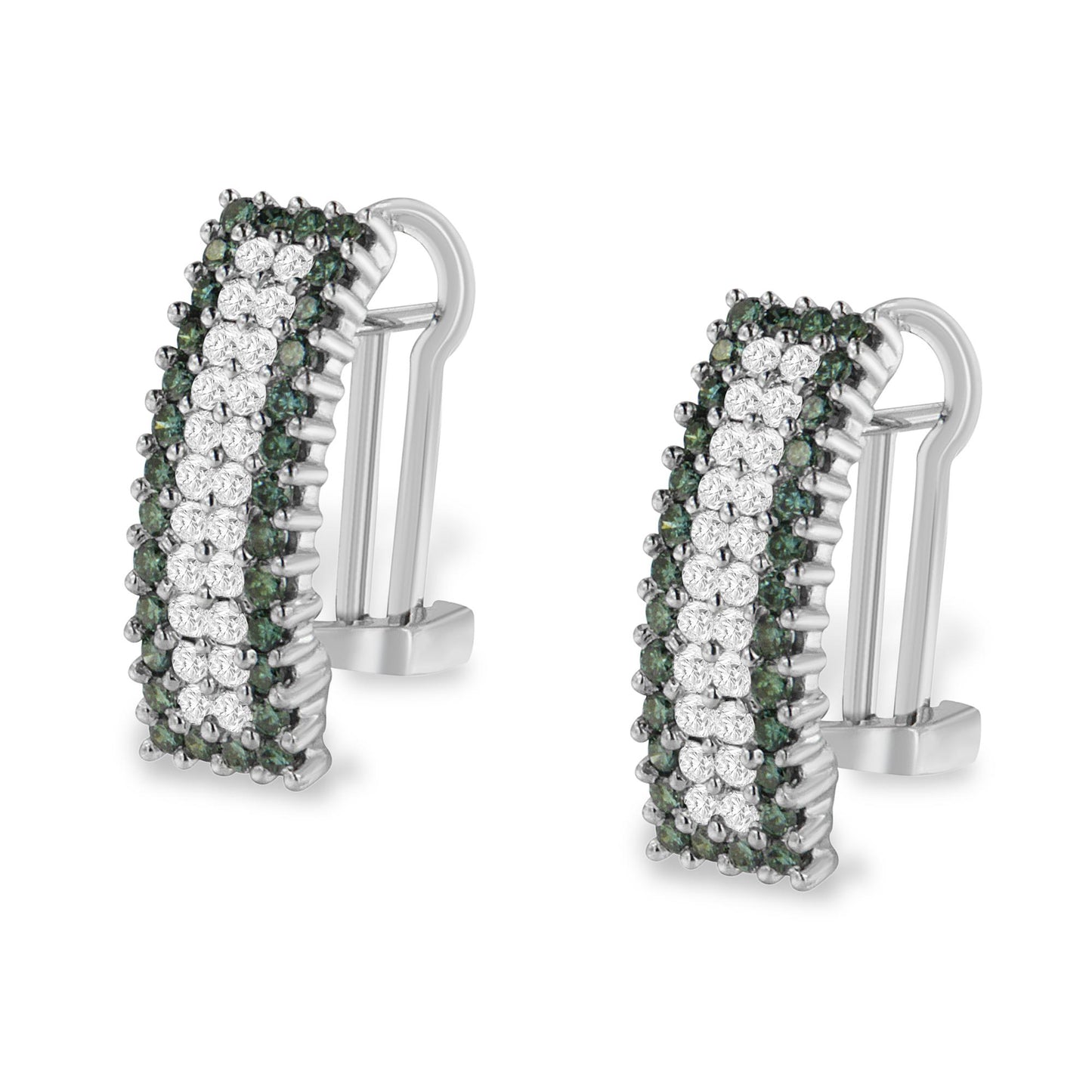 Pair of white metal earrings set with round white and blue gemstones viewed at a slight angle.
