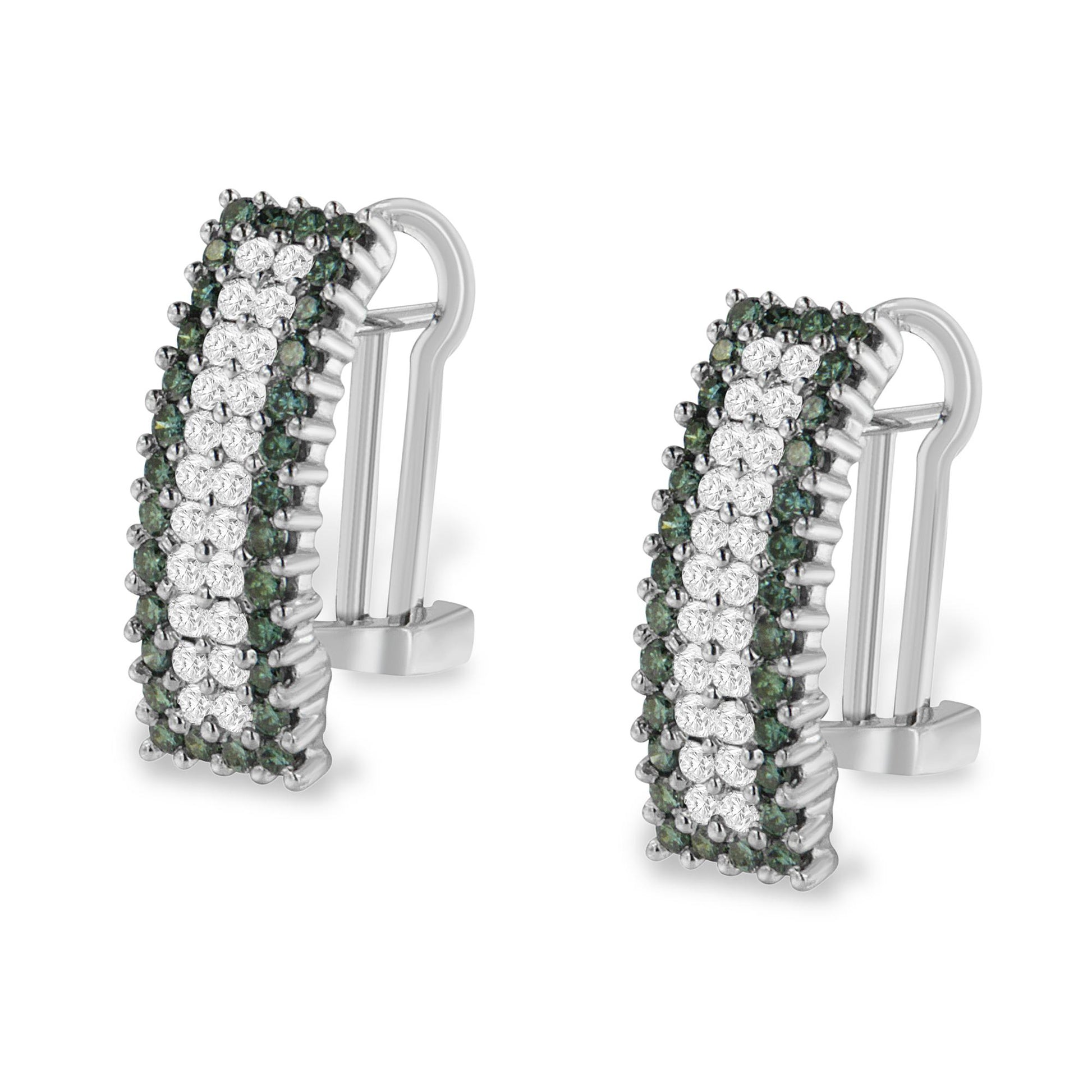 Pair of white metal earrings set with round white and blue gemstones viewed at a slight angle.