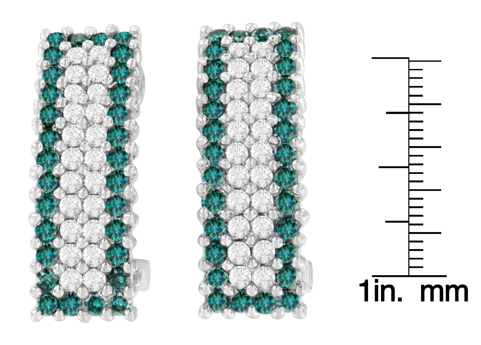 Pair of white metal earrings with rows of round white and blue gemstones in prong settings, shown from the front, next to a ruler for size reference.