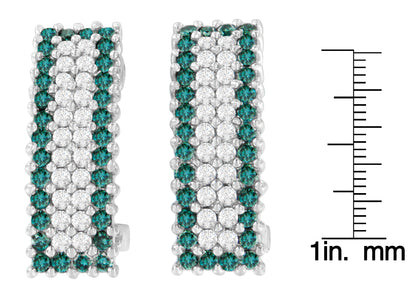 Pair of white metal earrings with rows of round white and blue gemstones in prong settings, shown from the front, next to a ruler for size reference.