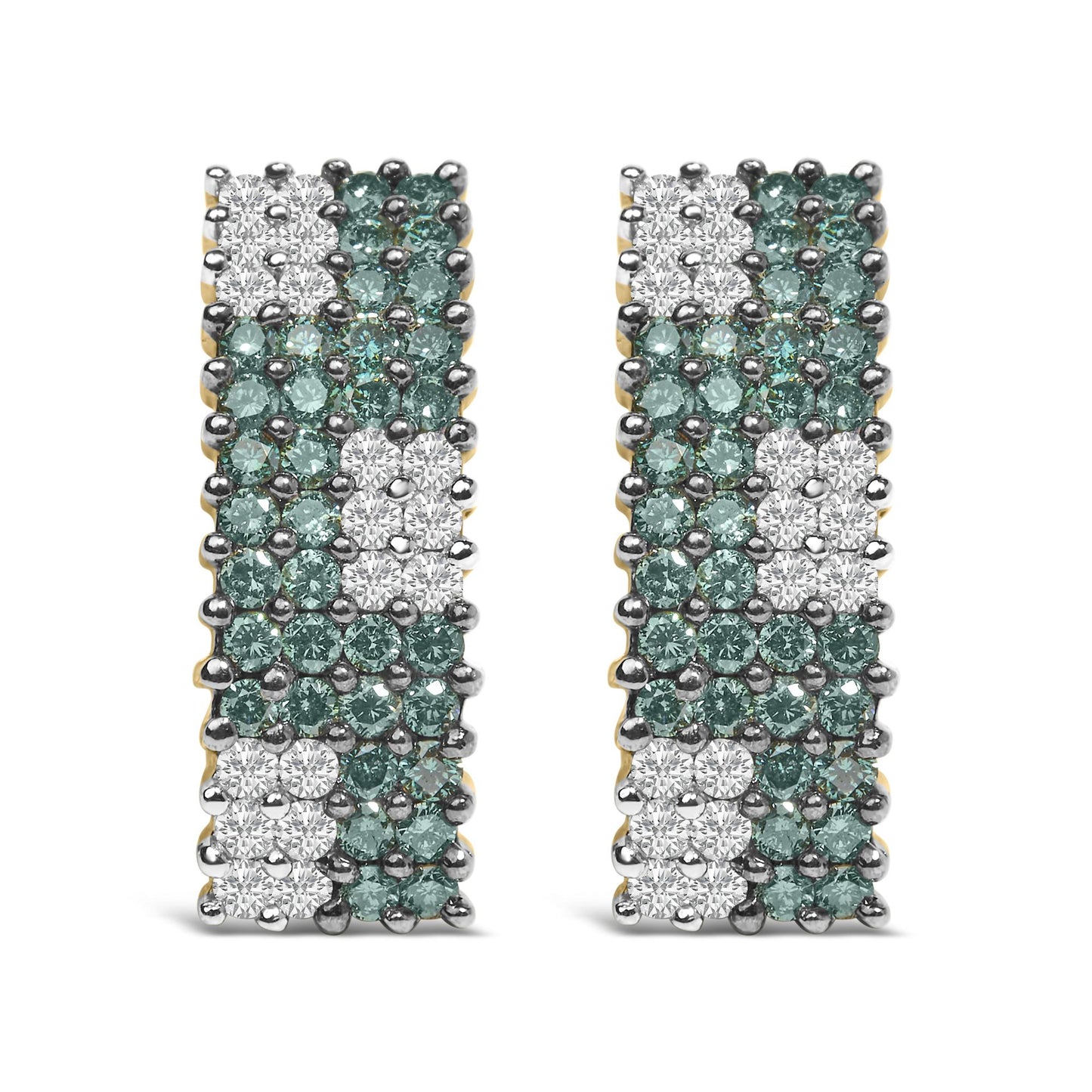Front view of yellow metal earrings with rows of white and blue round pave-set gemstones.