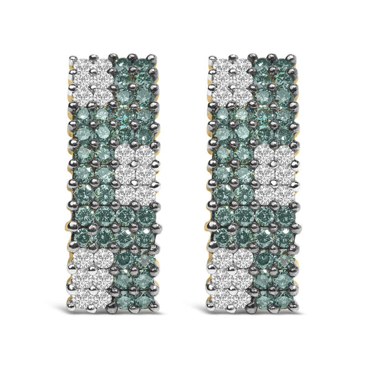 Front view of yellow metal earrings with rows of white and blue round pave-set gemstones.