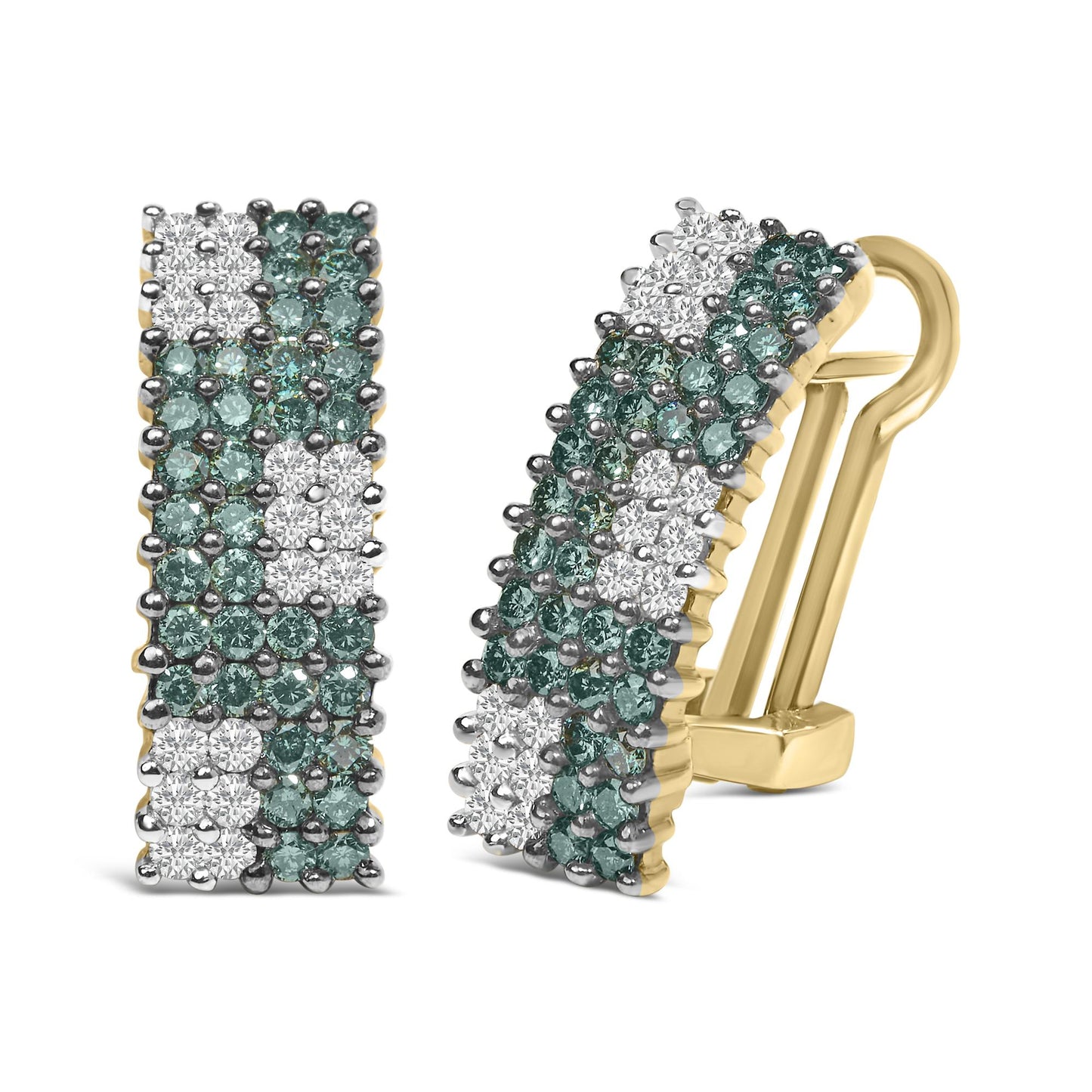 Pair of yellow metal earrings with alternating rows of white and blue round gemstones in pave setting, shown from front and side angles.