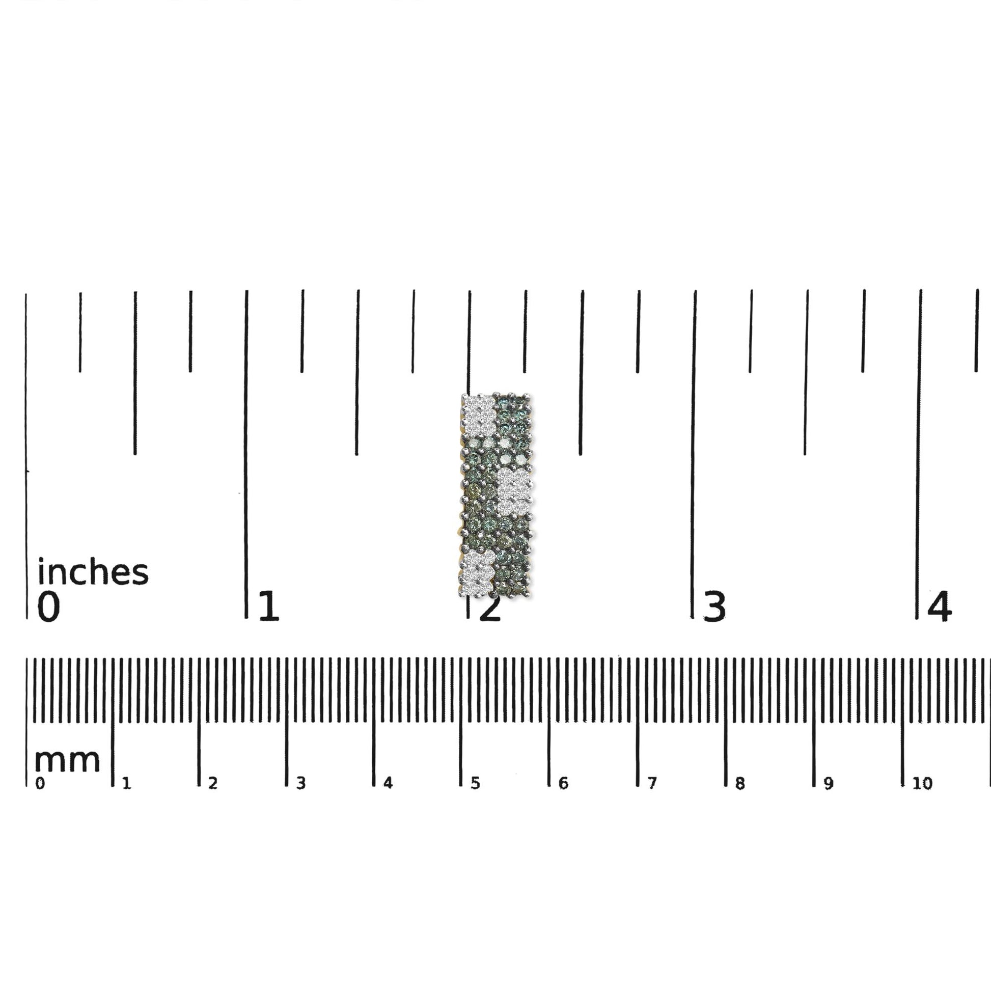Yellow metal earring with pave set white and blue round gemstones, shown on a ruler for size reference, front view.