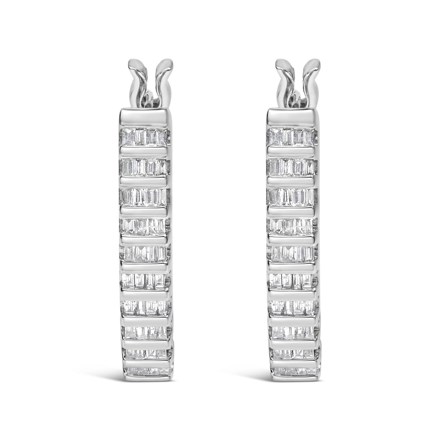 Front-facing view of a pair of white metal hoop earrings with multiple rows of channel-set baguette-shaped white gemstones.