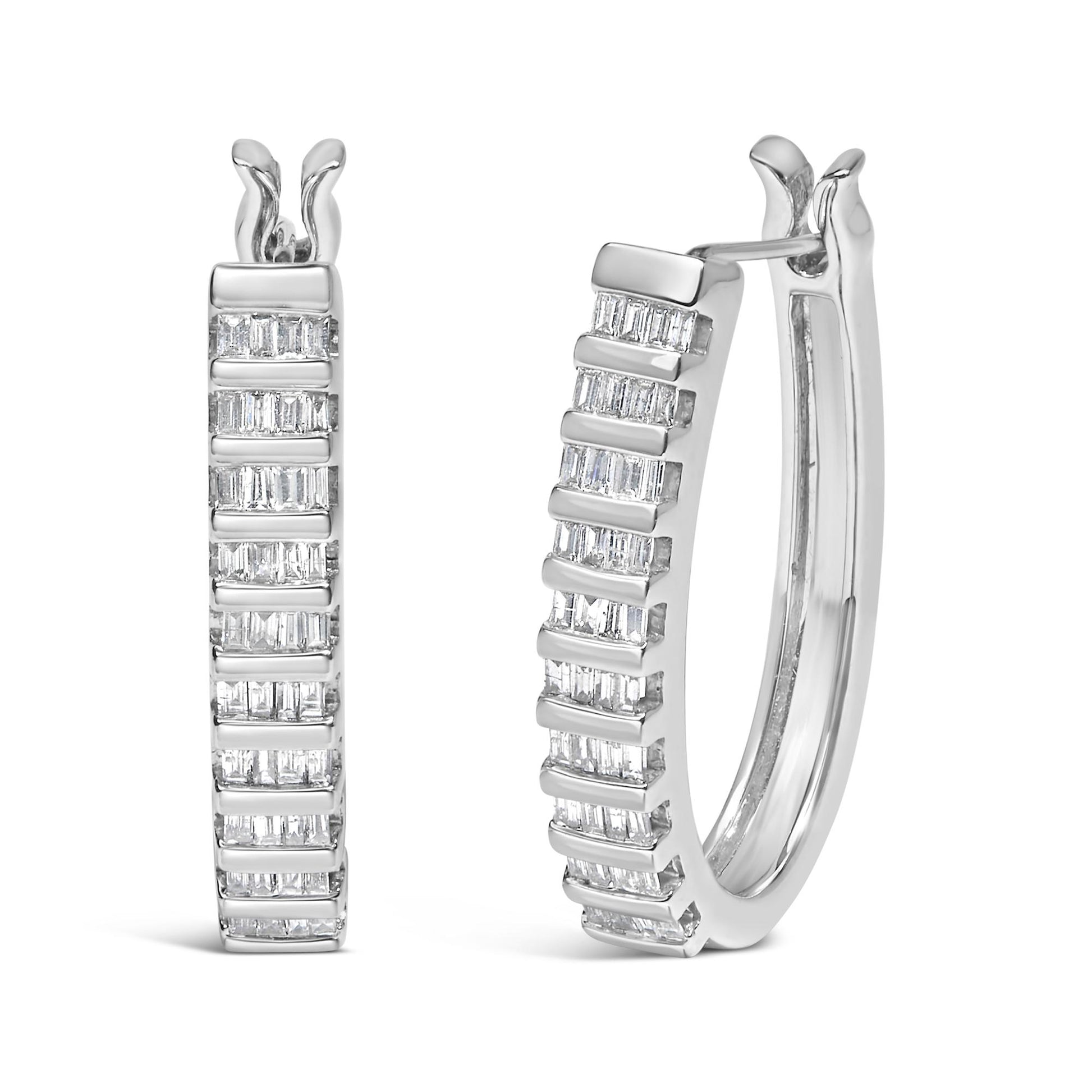 Pair of white metal hoop earrings with channel-set baguette-shaped white gemstones, shown from front and three-quarter angles.