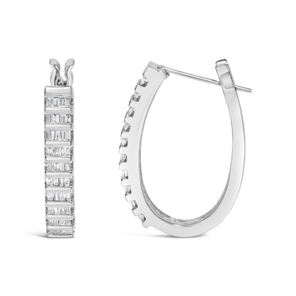 Pair of white metal hoop earrings with baguette-shaped white gemstones in channel setting, shown from side and front angles.