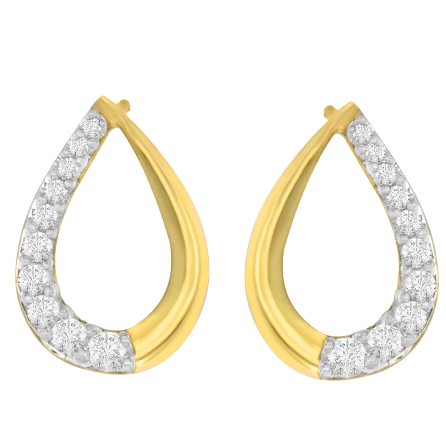 Front view of yellow metal teardrop-shaped earrings with white round pave-set gemstones along one edge.
