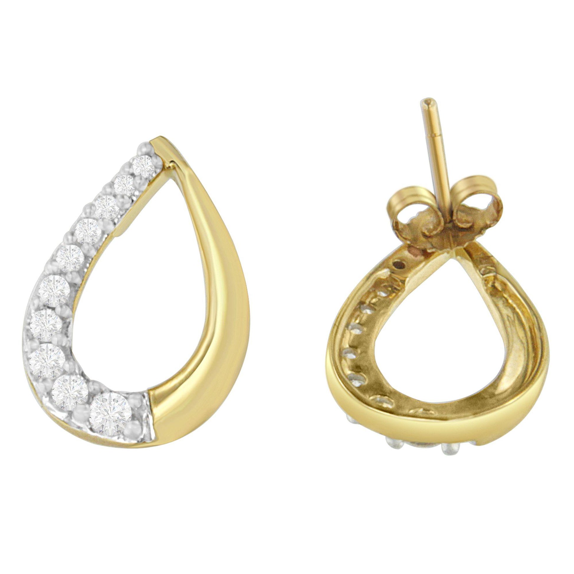 Pair of yellow metal teardrop-shaped earrings with white round pave-set gemstones, one shown from front angle and the other from back angle.
