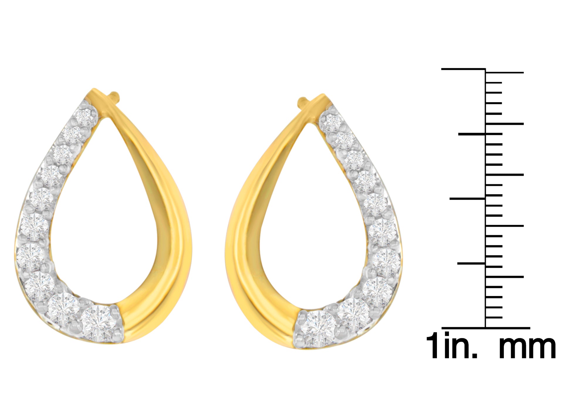 Pair of yellow metal teardrop-shaped earrings with white round gemstones in pave setting, shown from front angle next to a ruler for size reference.