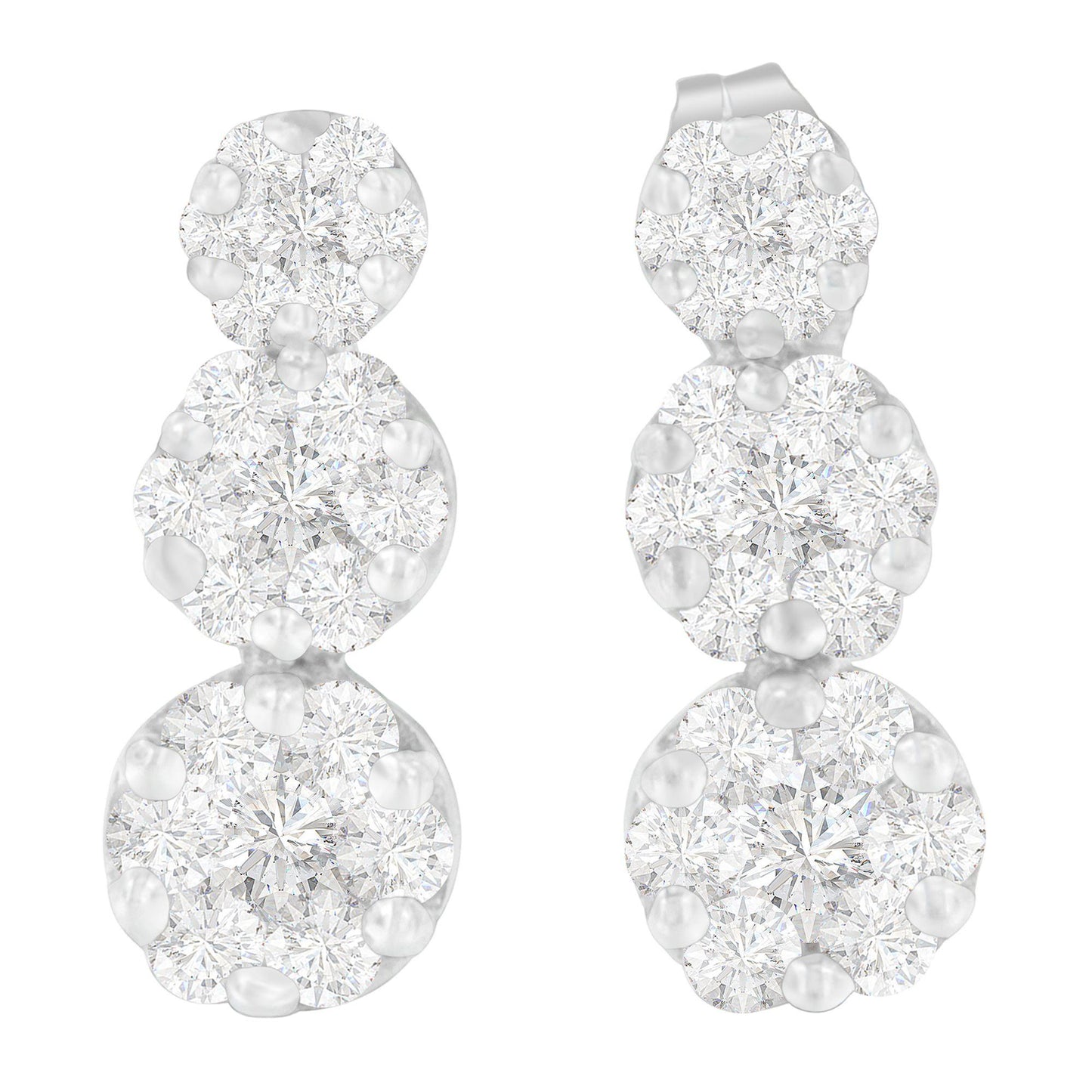 Pair of white metal earrings with three clusters of round white gemstones in prong settings, shown from a front angle.