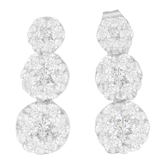 Pair of white metal earrings with three clusters of round white gemstones in prong settings, shown from a front angle.