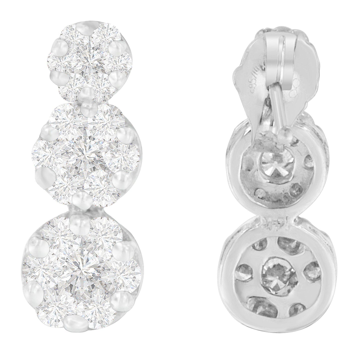 Front and back view of white metal earrings with clusters of round white gemstones in prong settings.