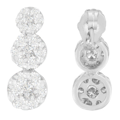 Front and back view of white metal earrings with clusters of round white gemstones in prong settings.