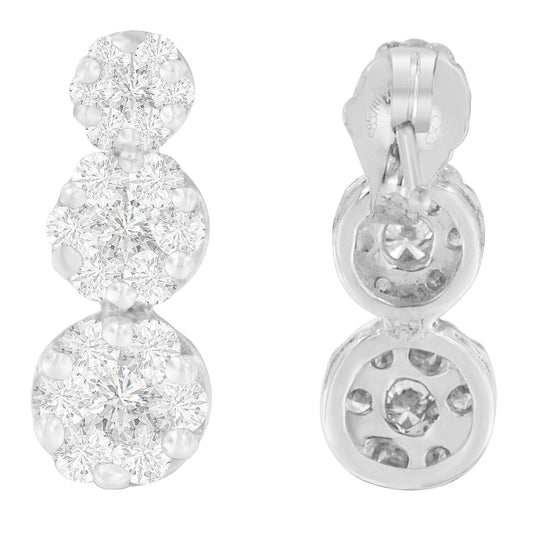Front and back view of white metal earrings with clusters of round white gemstones in prong settings.