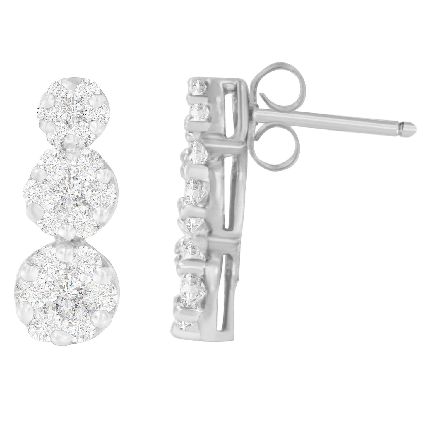 Close-up front and side views of white metal earrings with round white gemstones in prong settings.