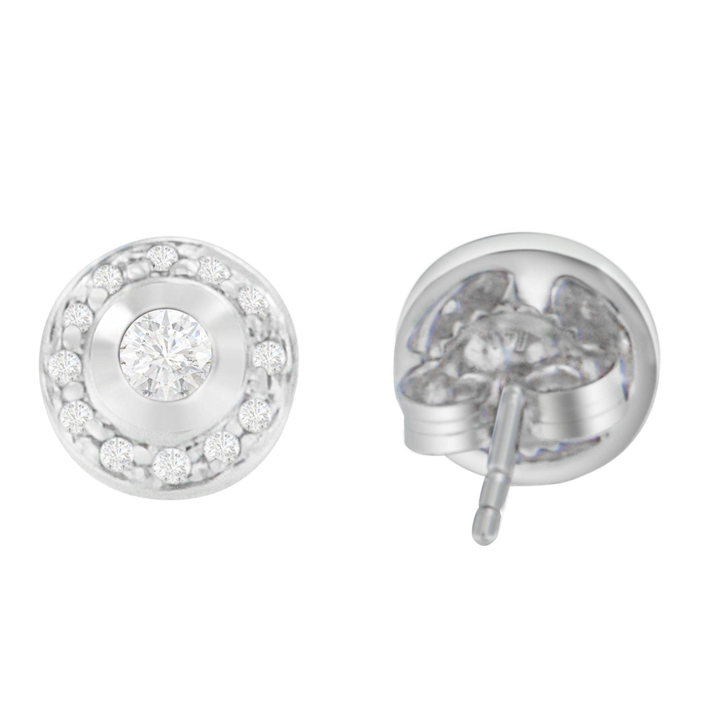 Front and back angled view of round white metal stud earrings with central round white gemstone in bezel setting surrounded by smaller round white gemstones in prong settings.